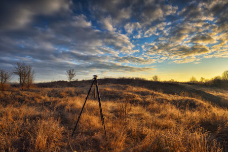 autumn nature. Landscape of sunrise over river in autumn morning. Nature of Ukraineの写真素材
