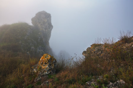 fog in the canyon. Autumn morning in the Dnister river valley. Nature of Ukraineの写真素材