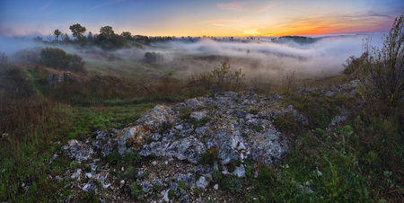 fog in the canyon. Autumn morning in the Dnister river valley. Nature of Ukraineの写真素材