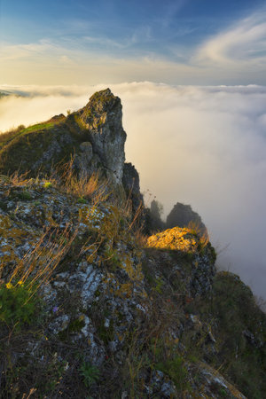 fog in the canyon. Autumn morning in the Dnister river valley. Nature of Ukraineの写真素材