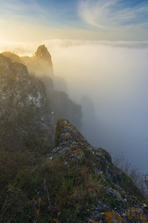 fog in the canyon. Autumn morning in the Dnister river valley. Nature of Ukraineの写真素材