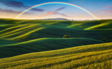 Scenic view of rainbow over green field. dramatic gray sky over a picturesque hilly fieldの写真素材
