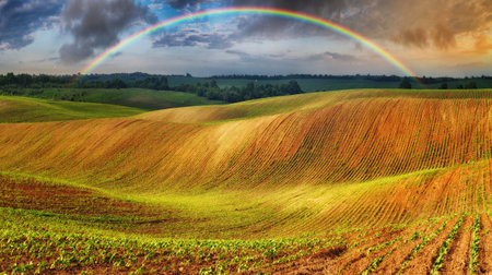 Rainbow and dramatic gray sky with clouds landscape. picturesque hilly fieldの写真素材