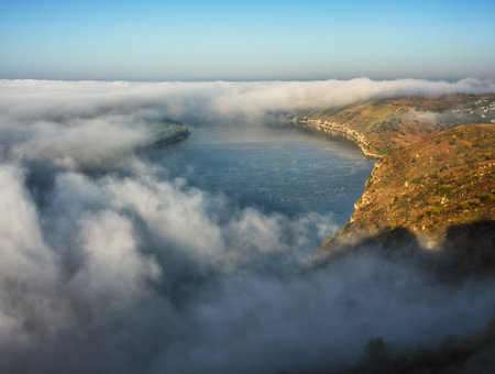 Beautiful autumn landscape at sunrise. picturesque river canyon. nature of Ukraineの写真素材