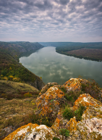 Beautiful autumn landscape at sunrise. picturesque river canyon. nature of Ukraineの写真素材