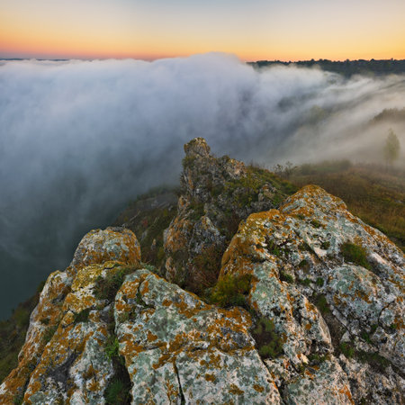 Beautiful autumn landscape at sunrise. picturesque river canyon. nature of Ukraineの写真素材