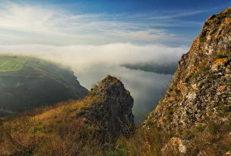 Beautiful autumn landscape at sunrise. picturesque river canyon. nature of Ukraineの写真素材