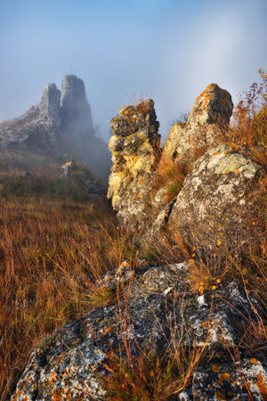 fog in the canyon. Autumn morning in the Dnister river valley. Nature of Ukraineの写真素材