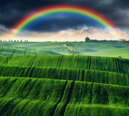 Beautiful rainbow over the field. Agricultural landscape. Nature of Ukraineの写真素材