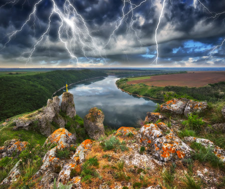 Stormy sky over the river. Crimea, Ukraine, Europe. Beauty world.の写真素材