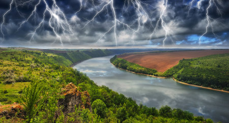 Storm over the river Dniester. Ukraine, Europe.の写真素材