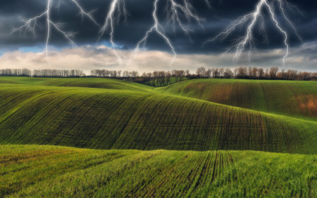 thunderstorm in the field. huge lightning over a hilly field. bad weather in the field.の写真素材