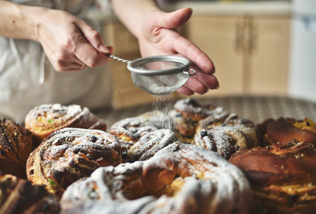 Close-up of a woman's hand using a sieve to dust sweet Easter bread (Paska) with white powdered sugarの写真素材