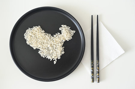 Uncooked white rice grains arranged into a map of China, presented on a minimalist black plateの写真素材