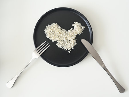 Uncooked white rice grains arranged into a map of China, presented on a minimalist black plateの写真素材