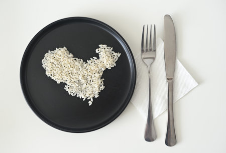 Uncooked white rice grains arranged into a map of China, presented on a minimalist black plateの写真素材