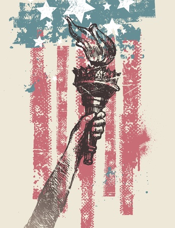 Abstract USA patriotic vector illustration - drawing hand of freedom with torchのイラスト素材