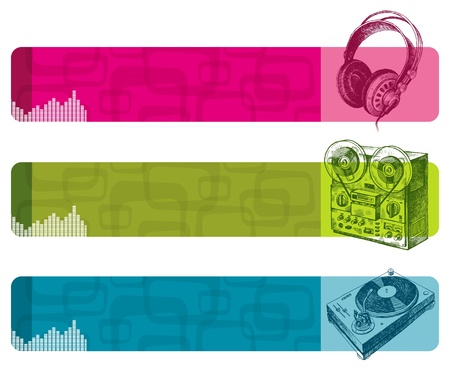 Vector retro banners with hand drawn musical equipmentのイラスト素材