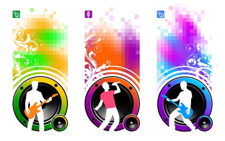 Abstract vector banners with loudspeakers & silhouettes of musiciansのイラスト素材