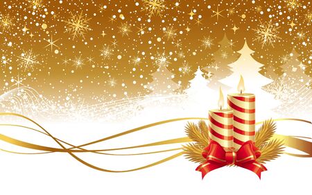 Vector illustration - Christmas winter landscape and Candles, needles and red ribbonのイラスト素材