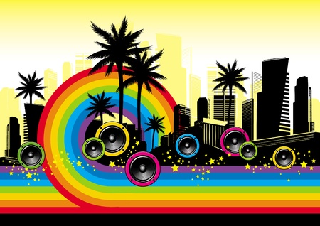 Vector illustration - Cityscape with palms, loudspeakers & rainbowのイラスト素材