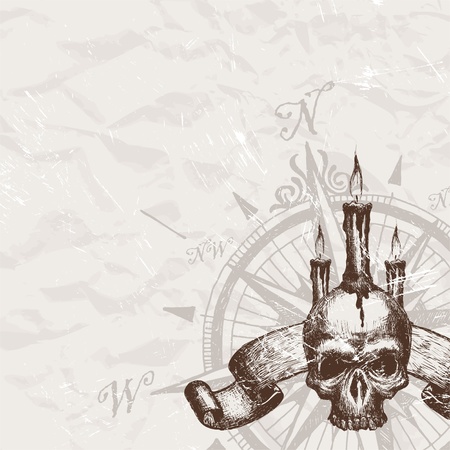 Vector compass rose and piracy hand drawn skullのイラスト素材