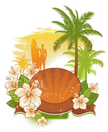 Vector frame & banner with tropical flowers & palmsのイラスト素材