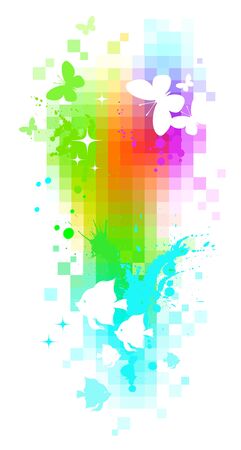 Abstract vector pixel background - butterflies & tropical fishesのイラスト素材