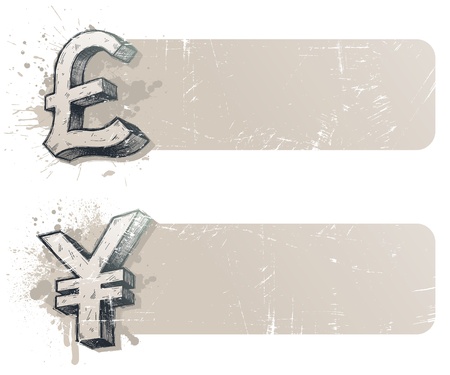 Vector banners with hand drawn currency signs - yen and pound sterlingのイラスト素材