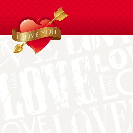 Vector Valentines card with Heart pierced by an arrow & belted a golden ribbonのイラスト素材