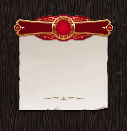 Vector vintage golden frame with paper banner on a black wood backgraundのイラスト素材