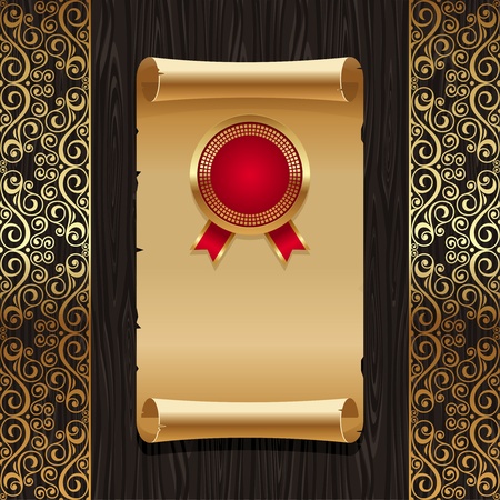 Vector vintage paper scroll with golden seal on a black wood texture backround with ornate gold patternsのイラスト素材