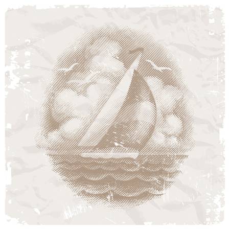 Vintage vector illustration with yacht in seaのイラスト素材