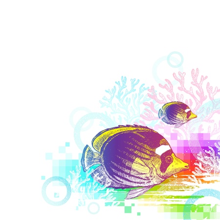 Vector abstract illustration - underwater world with hand drawn tropical fishのイラスト素材