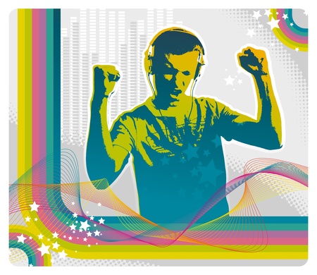 Young man listens to music on headphones - vector illustrationのイラスト素材