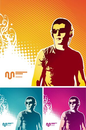 Man with headphones listens to music - vector  illustrationのイラスト素材
