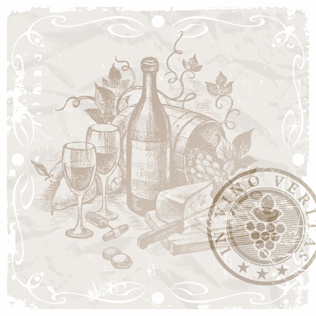 Vector vintage still life with wine and foodsのイラスト素材