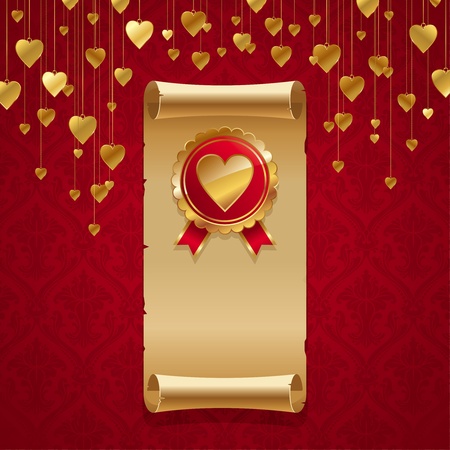 Vector valentines illustration with vintage scroll & golden badge with heartsのイラスト素材