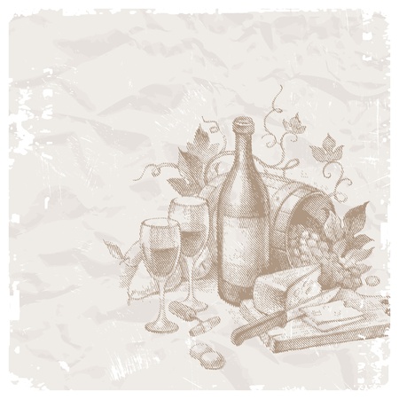 Vector vintage still life with wine and foodsのイラスト素材