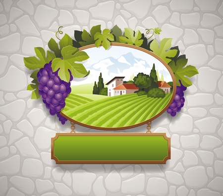 Vintage signboard with grapes and image of country landscape against a stone wallのイラスト素材
