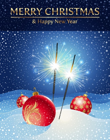  holidays illustration - sparklers and Christmas baubles in snowdriftのイラスト素材