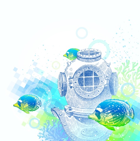 Hand drawn vintage diving helmet and tropical fishes - vector illustrationのイラスト素材