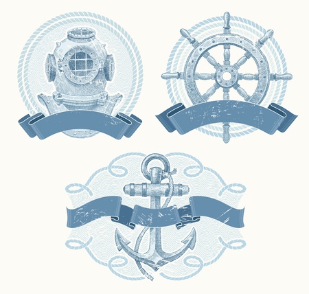 Nautical vector emblems with hand drawn elements - old diving helmet, ship steering wheel and anchorのイラスト素材