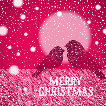 Christmas illustration with hand drawn bullfinches against a winter sunのイラスト素材