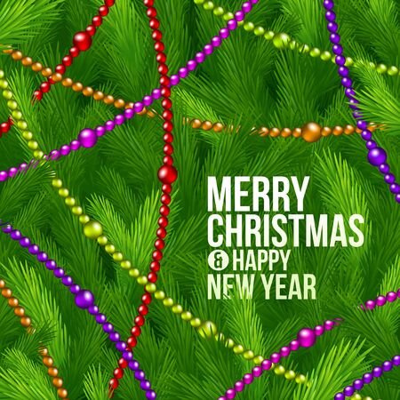 Christmas tree branches and color beads-  holidays backgroundのイラスト素材
