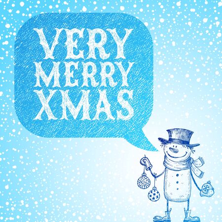 Snowman with holidays baubles congratulate you with Christmas -  hand drawn illustrationのイラスト素材