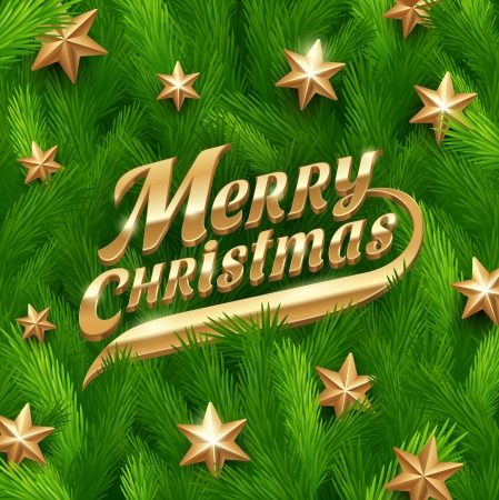 Golden Christmas greeting and stars on a fur-tree branches background -  illustrationのイラスト素材
