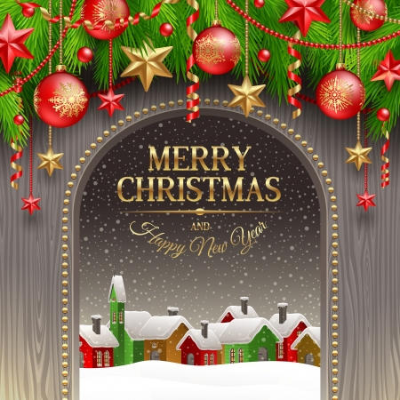 Christmas illustration - holidays decoration with baubles and winter villageのイラスト素材