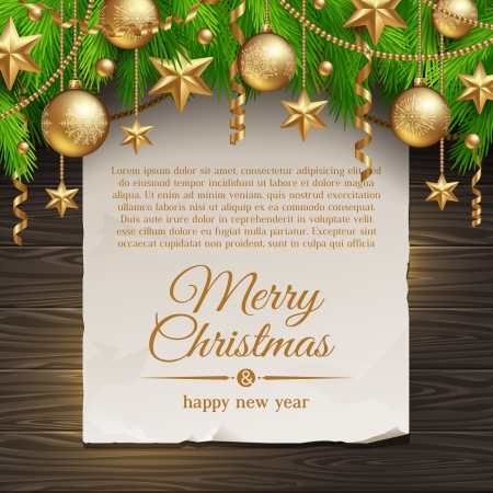 Christmas illustration - paper banner with greeting and Christmas tree branches with golden decorationのイラスト素材