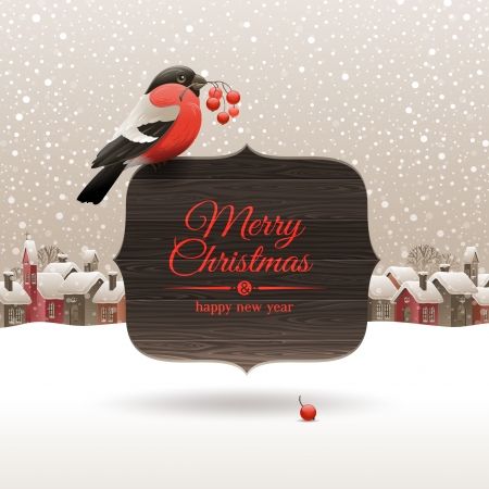 Christmas illustration - bullfinch with ashberries sitting on wooden banners with holidays greetingのイラスト素材